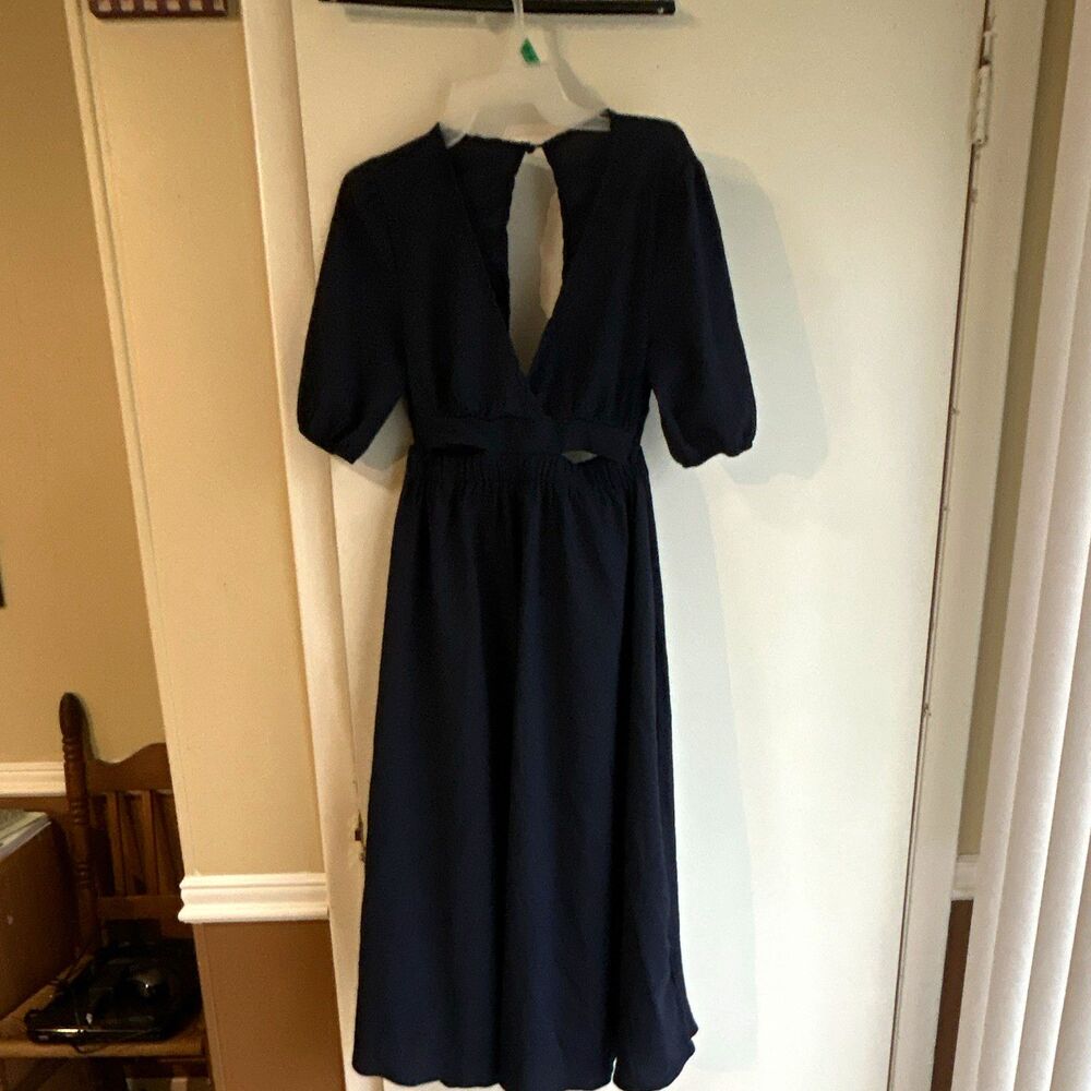 SheIn S Navy Solid V-Neck Chiffon Midi Dress Puff Half Sleeve Tie Back Stretch